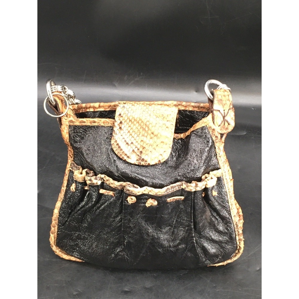 Vintage Carlos Falchi Black Leather Snakeskin Trim‎ Shoulder Bag Chain Strap USA